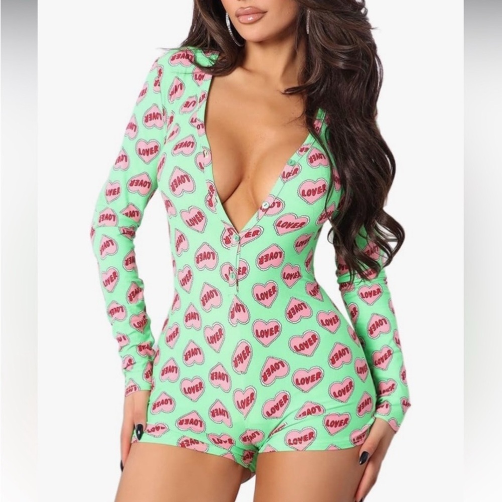 Green Heart Candy Print Long Sleeve Romper Sexy Lounge One Piece Bodycon - Picture 5 of 5